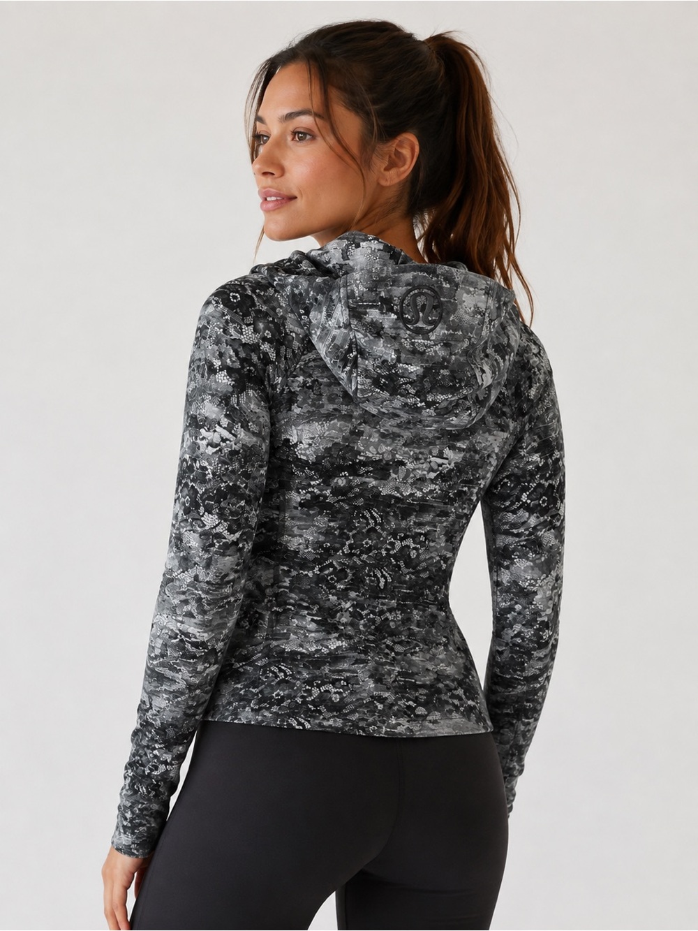 lululemon athletica Women’s Black & Gray Camo Lace-Effect Full Zip Scuba